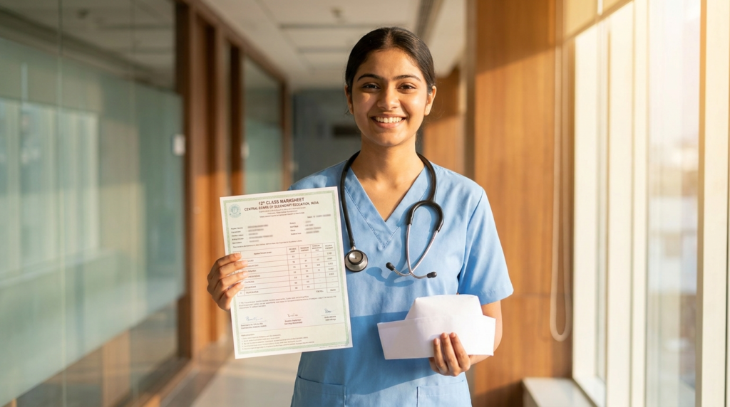 Young Indian girl in blue nursing uniform holding a 12th class marksheet and stethoscope, representing ANM nursing course admission after 12th arts in 2026