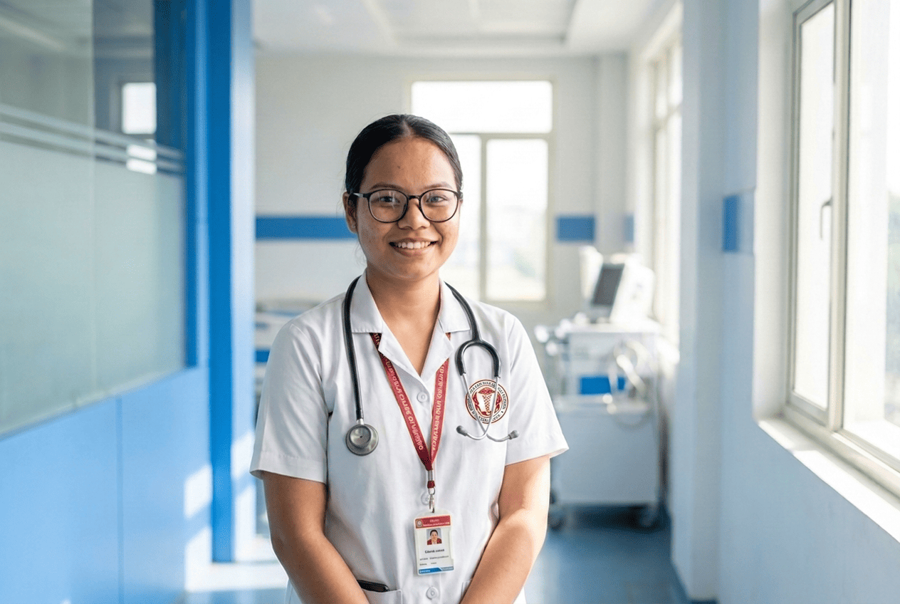 Nursing student in white uniform with stethoscope at Mata Sahib Kaur College of Nursing, Mohali hospital training facility